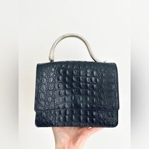 House of Harlow 1960 Black Crocodile-Embossed Leather Handbag Gold Snake Handle